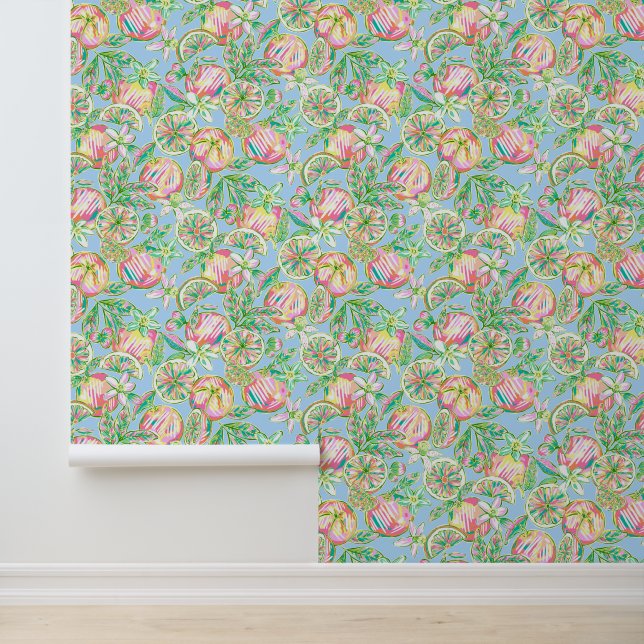 Preppy Palm Beach Blue & Pink Oranges Wallpaper (Application)