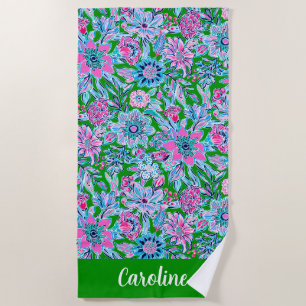 Preppy Palm Beach Blue Purple Flowers Personalised Towel