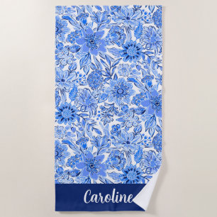 Preppy Palm Beach Blue & White Floral Personalised Towel