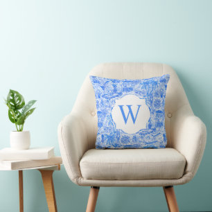 Preppy Palm Beach Blue White Vacation Monogram Cushion