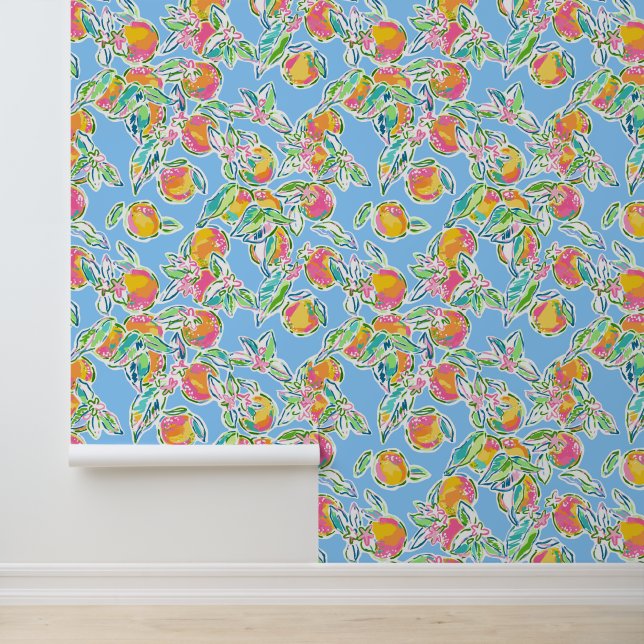 Preppy Palm Beach Blue with Oranges Wallpaper (Application)