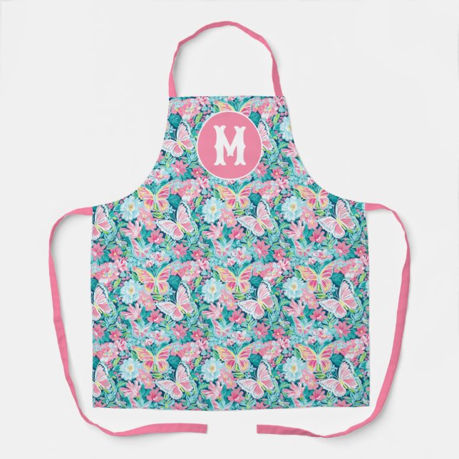 Preppy Palm Beach Butterflies Monogram Apron (Front)