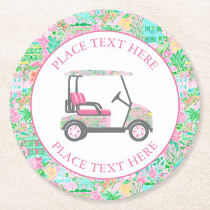 Preppy Palm Beach Golf Cart Round Paper Coaster