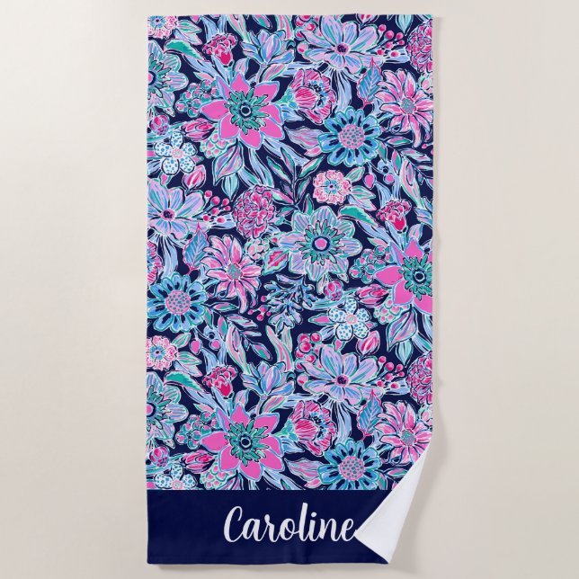 Preppy Palm Beach Navy Lavender Floral Personalise Towel (Front)