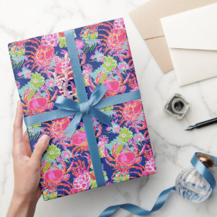 Preppy Palm Beach Ocean Floral Crabs Pattern Wrapping Paper