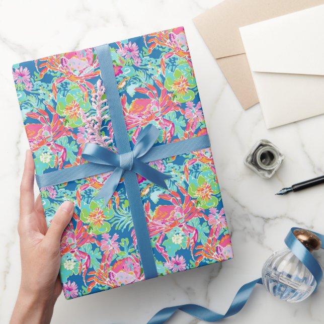 Preppy Palm Beach Ocean Floral Crabs Pattern Wrapping Paper (Gifting)