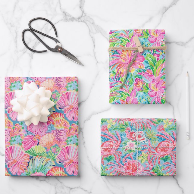 Preppy Palm Beach Ocean Shell Crab Flowers Pattern Wrapping Paper Sheet (Front)