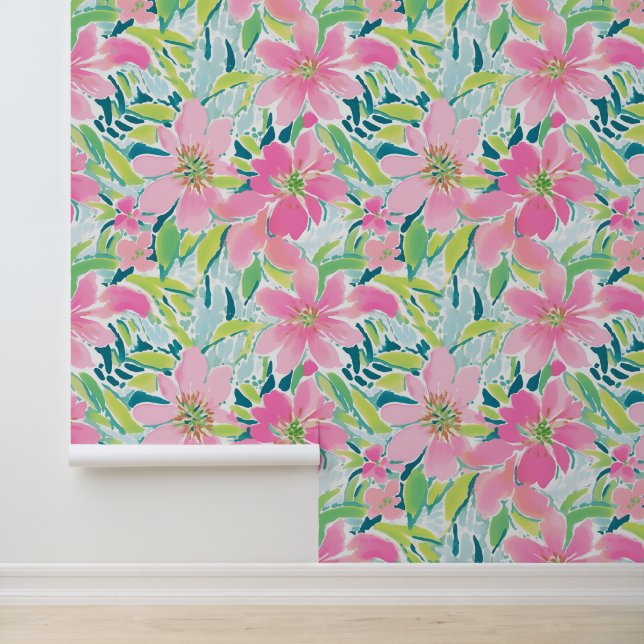 Preppy Palm Beach Pink and Green Tropical Flowers Wallpaper (Application)