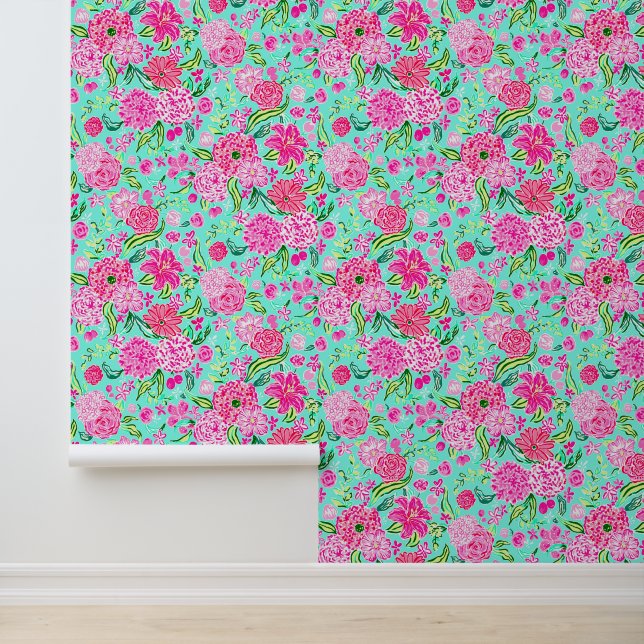 Preppy Palm Beach Pink & Aqua Flowers Wallpaper (Application)