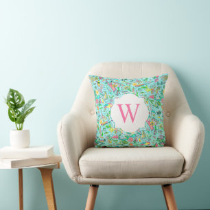 Preppy Palm Beach Pink Blue Bermuda Monogram Cushion