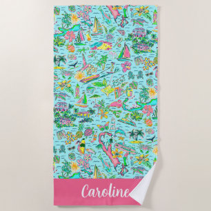 Preppy Palm Beach  Pink & Blue Bermuda Personalise Towel