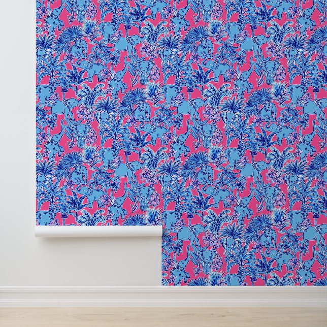 Preppy Palm Beach Pink & Blue Elephants Wallpaper (Application)