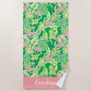 Preppy Palm Beach Pink Green Flamingo Personalised Towel