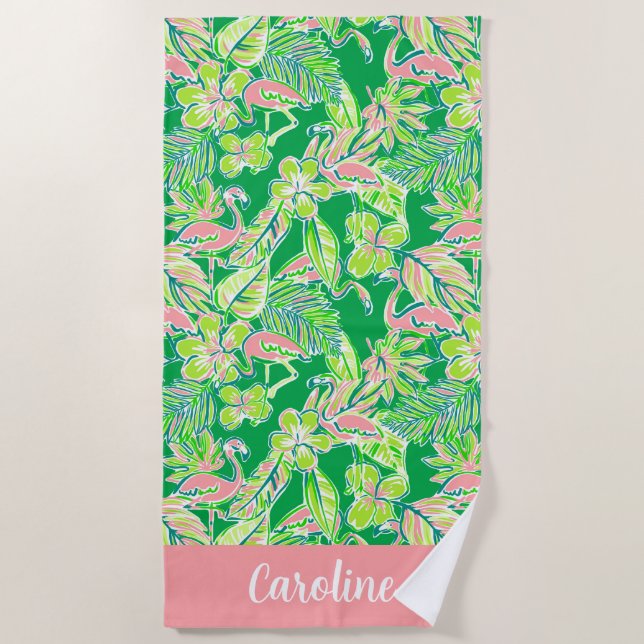 Preppy Palm Beach Pink Green Flamingo Personalised Towel (Front)