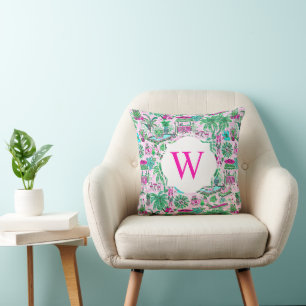 Preppy Palm Beach Pink Green Vacation Monogram Cushion