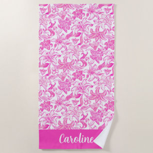 Preppy Palm Beach Pink & White Lilies Personalised Towel