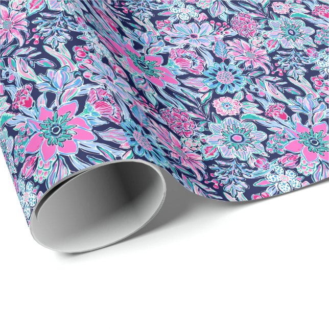 Preppy Palm Beach Print Blue and Pink Flowers Wrapping Paper (Roll Corner)