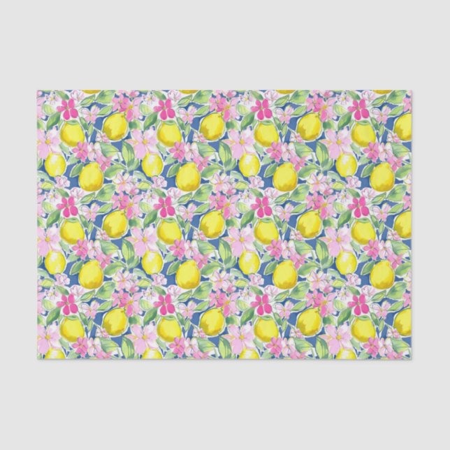 Preppy Palm Beach Print Blue and Yellow Lemons Tissue Paper (Front)