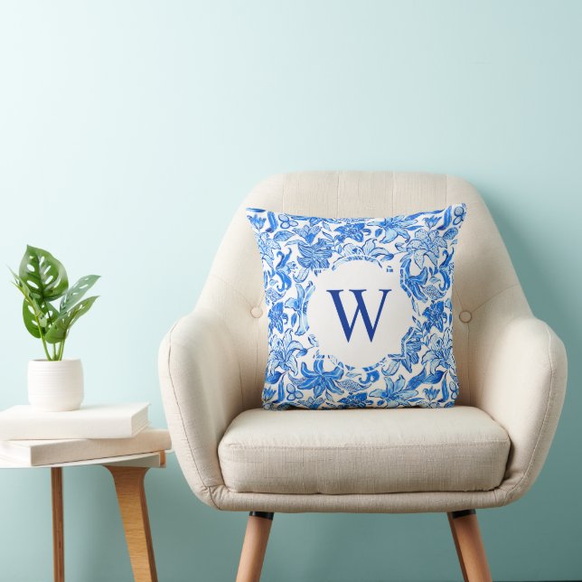 Preppy Palm Beach Print Blue Flowers Monogram Cushion (Chair)