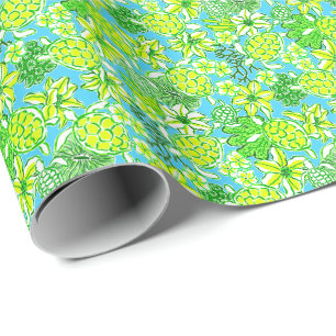 Preppy Palm Beach Print Green & Blue Turtles Wrapping Paper