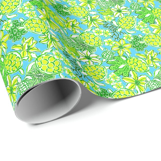 Preppy Palm Beach Print Green & Blue Turtles Wrapping Paper (Roll Corner)