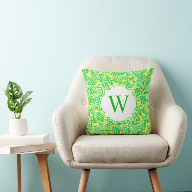Preppy Palm Beach Print Green Shells Monogram Cushion (Chair)