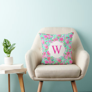 Preppy Palm Beach Print Mint Pink Floral Monogram Cushion