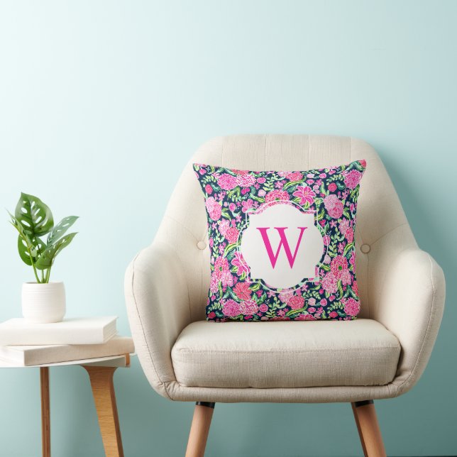 Preppy Palm Beach Print Navy Pink Floral Monogram Cushion (Chair)