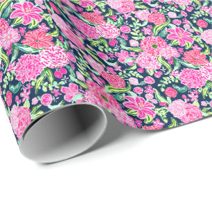 Preppy Palm Beach Print Pink and Green Flowers Wrapping Paper