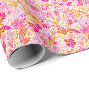 Preppy Palm Beach Print Pink and Orange Giraffes Wrapping Paper