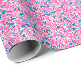 Preppy Palm Beach Print Pink & Blue Seashells Wrapping Paper