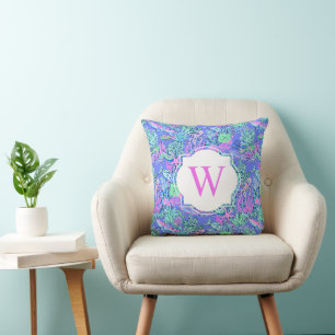 Preppy Palm Beach Print Sealife Monogram Cushion