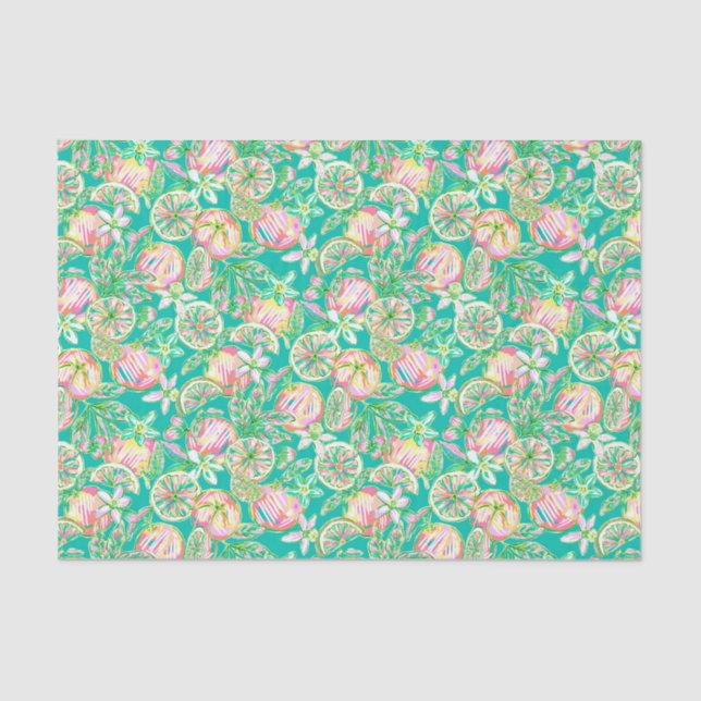 Preppy Palm Beach Print Teal and Pink Oranges Tissue Paper (Front)