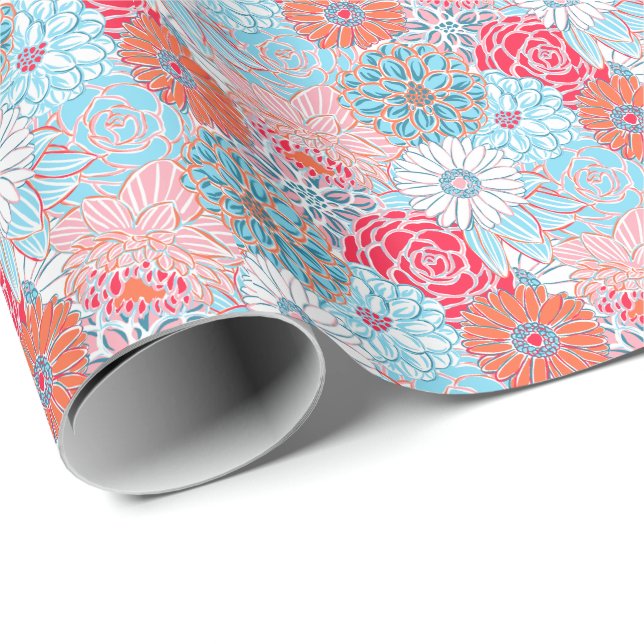 Preppy Palm Beach Print Teal and Red Flowers Wrapping Paper (Roll Corner)