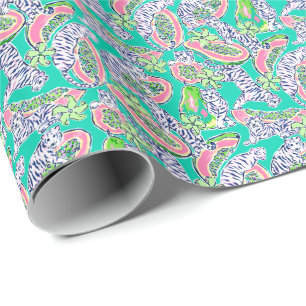 Preppy Palm Beach Print Tigers and Papayas Wrapping Paper