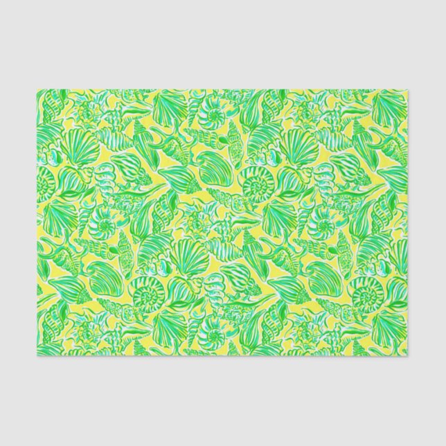 Preppy Palm Beach Print Yellow & Green Seashells Tissue Paper (Front)