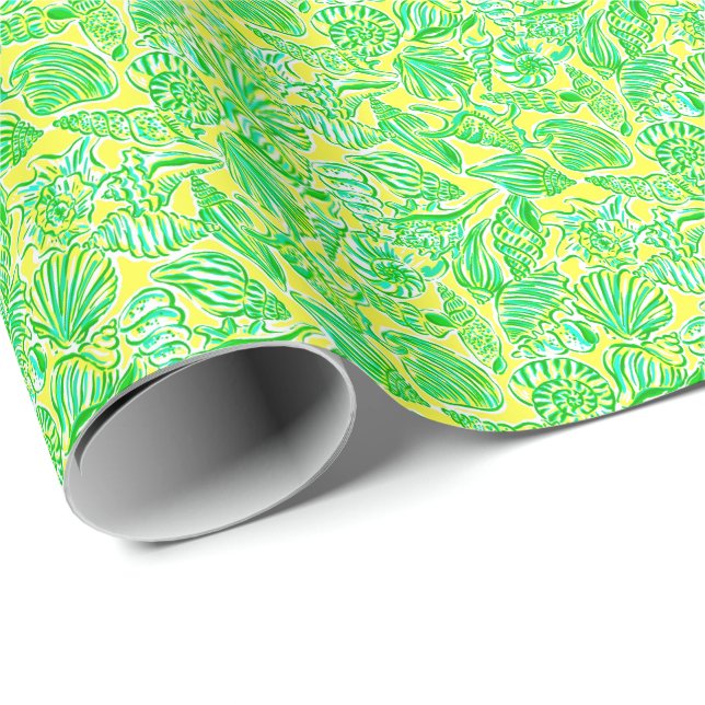 Preppy Palm Beach Print Yellow & Green Seashells Wrapping Paper (Roll Corner)