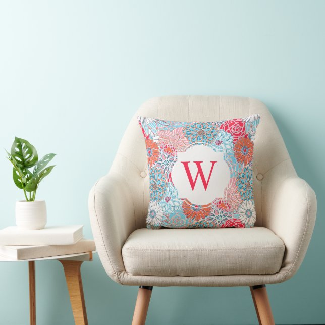 Preppy Palm Beach Red & Blue Flowers Monogram Cushion (Chair)