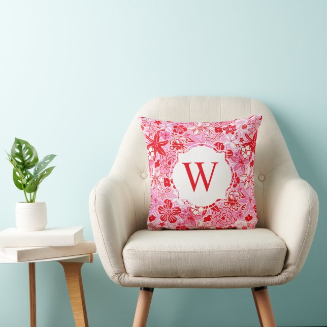 Preppy Palm Beach Red & Pink Flowers Monogram Cushion (Chair)