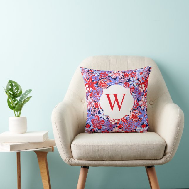 Preppy Palm Beach Red White Blue Flowers Monogram Cushion (Chair)