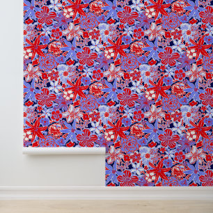 Preppy Palm Beach Red, White & Blue Flowers Wallpaper