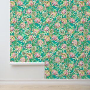 Preppy Palm Beach Teal & Pink Oranges Wallpaper
