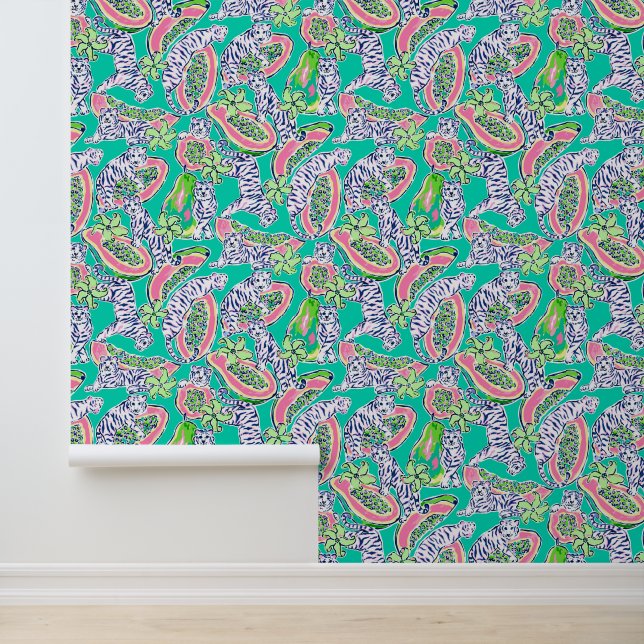 Preppy Palm Beach Teal Tigers & Papayas Wallpaper (Application)
