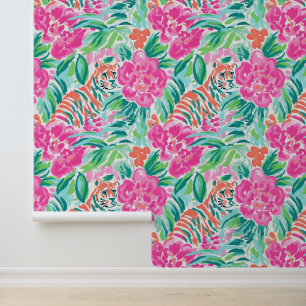 Preppy Palm Beach Tigers and Tropical Flowers Wallpaper