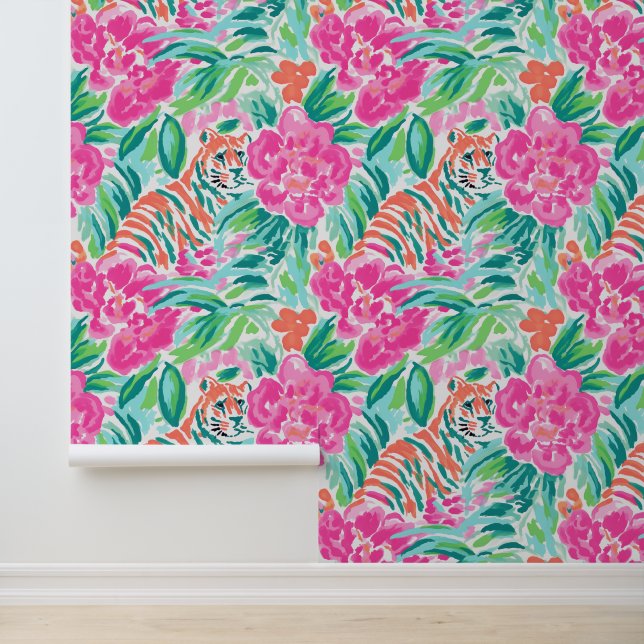 Preppy Palm Beach Tigers and Tropical Flowers Wallpaper (Application)