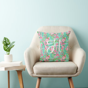 Preppy Palm Beach Tropical Flowers Monogram Cushion