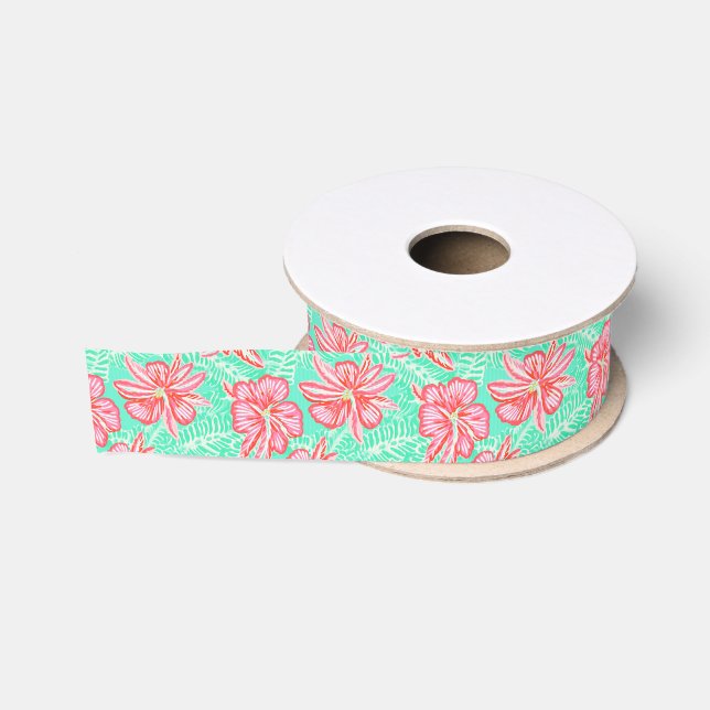 Preppy Palm Beach Tropical Flowers Pattern Grosgrain Ribbon (Spool)
