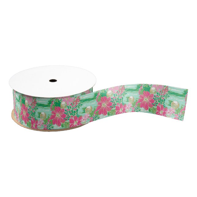 Preppy Palm Beach Tropical Flowers Pattern Grosgrain Ribbon (Spool)