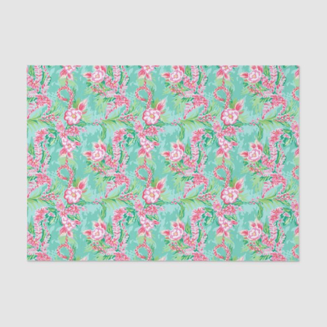 Preppy Palm Beach Tropical Flowers Pattern Tissue Paper (Front)