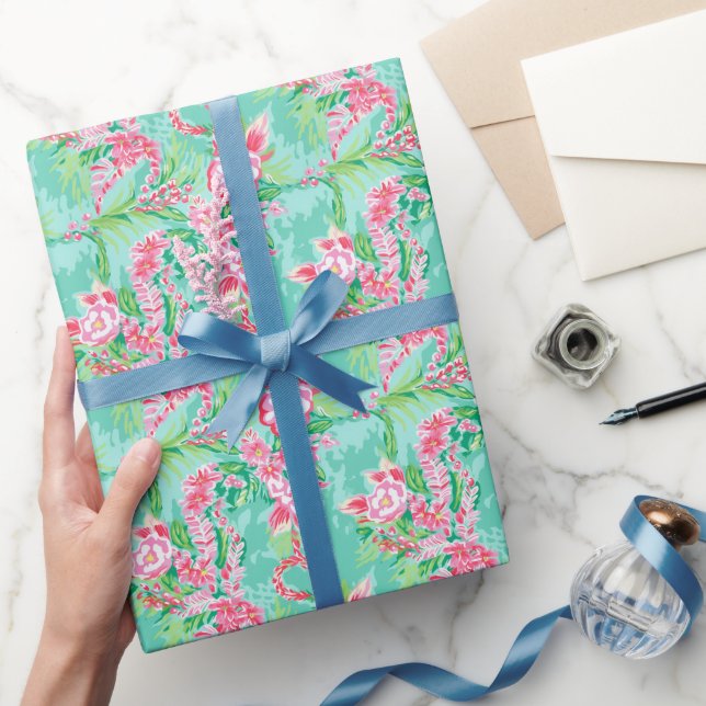 Preppy Palm Beach Tropical Flowers Pattern Wrapping Paper (Gifting)